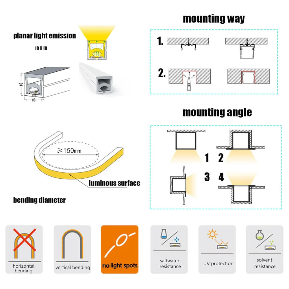 SLN12 Dotless Neon Soft Silicone Vertical Bending LED Strip Light 10x10mm 2.44W/ft DC12V IP68 16.4ft with Screws and Mounting Clips